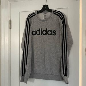 Adidas grey men’s sweatshirt w. black logo lettering + black stripes on sleeves
